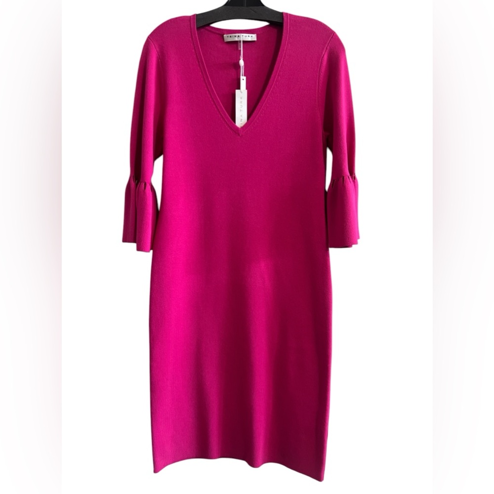 Trina Turk Pink Knit Sweater Dress With Bell Cuffs Size Large